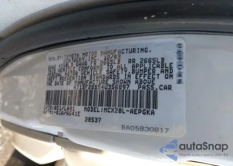 2004 Toyota Avalon Xls z USA, uszkodzony, nr VIN 4T1BF28B54U356897